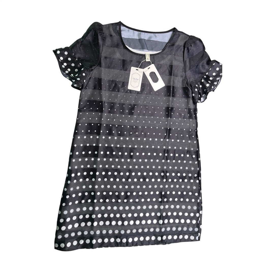 NWT Coeur de Vague Black Ombre Polka Dot Shift Dress XL Puff Sleeve Retro